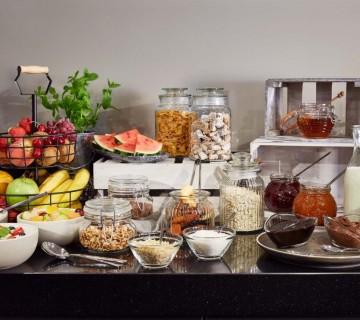 Breakfast buffet with fruit and muesli selection